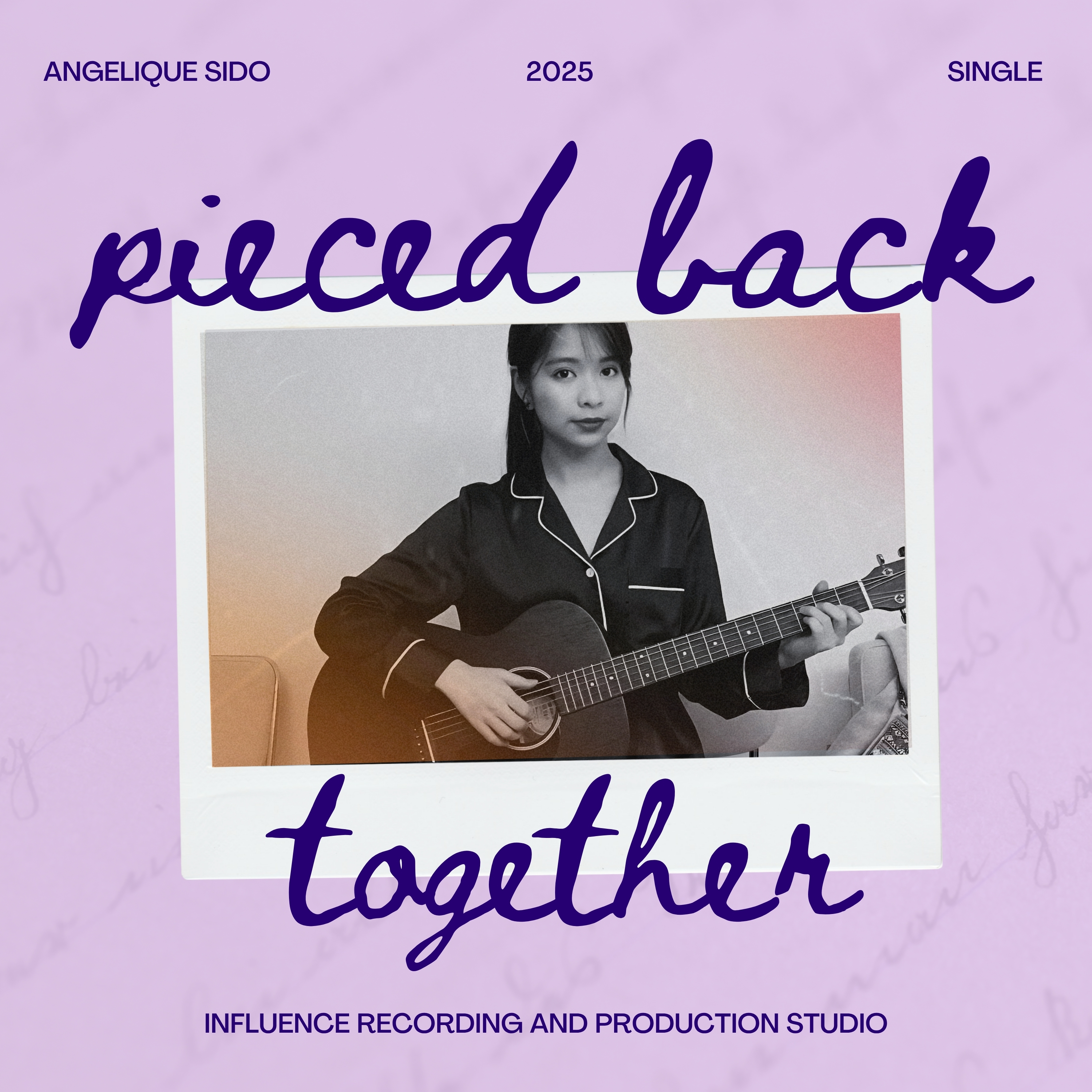 Cover art for Angelique Sido's single 'Pieced Back Together' featuring a woman in pajamas holding a guitar, with a purple background and text overlay.